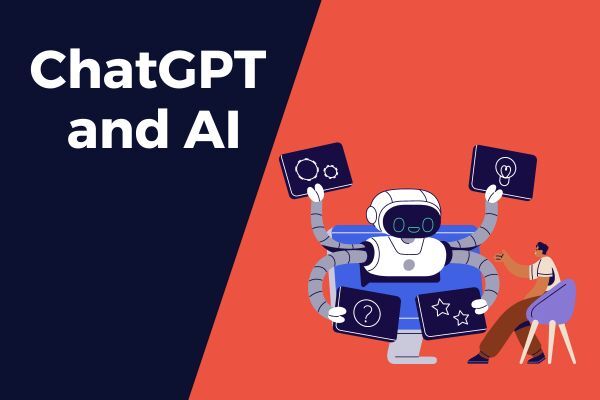 ChatGPT and AI graphic with robot showing a human charts and graphs