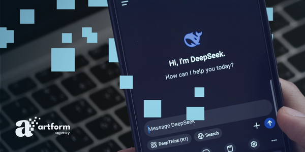 Someone searching using the DeepSeek AI on their phone. The ArtForm logo is on the bottom left corner.