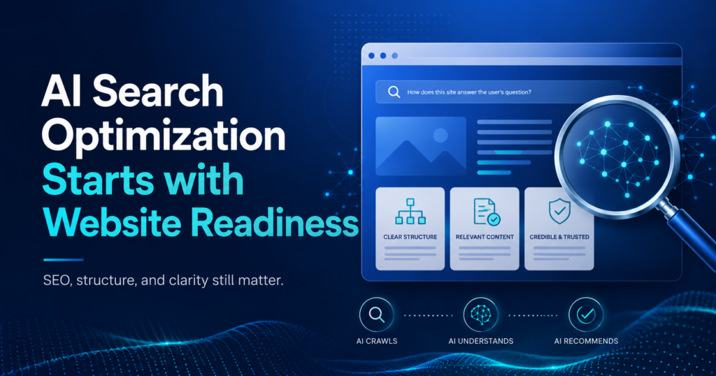 AI Search Optimization text with image of computer and magnifying glass