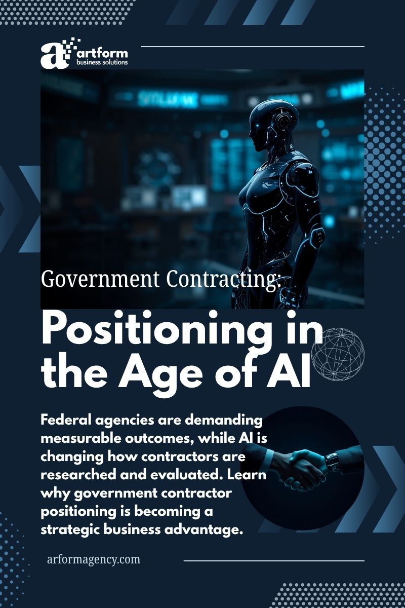 Dark image with robot at top then human hands shaking at bottom. Text read Positioning in the age of AI