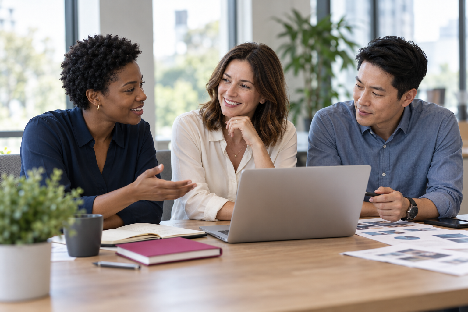 Illustrative scene of three professionals collaborating on marketing strategy.